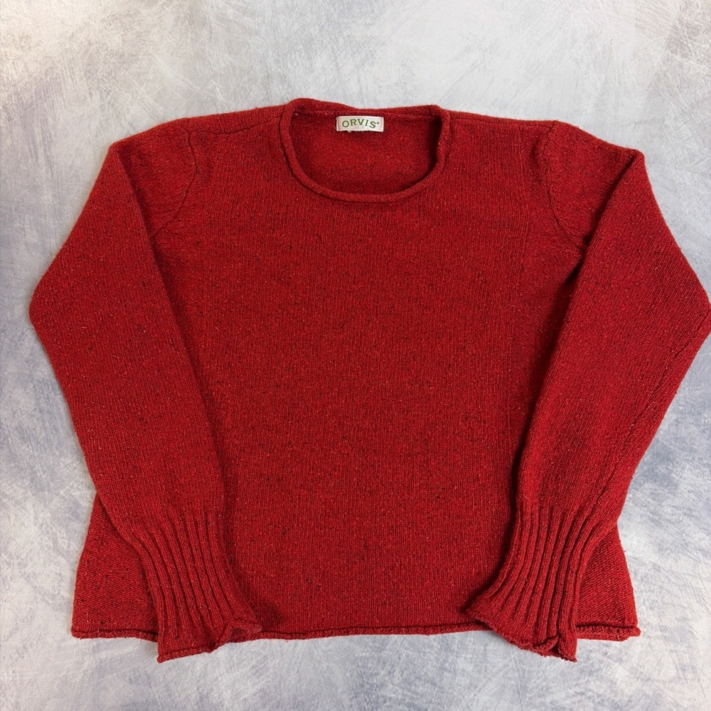 Vintage Orvis Sweater Womens Medium Red Marl Knit Long Ribbed Cuff Crew Neck
